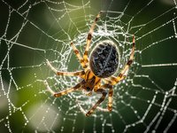 Garden orb weaver spider on dewdrop-covered web in morning light. Natural pest control predator in outdoor ecosystem for nature photography projects.