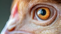 Extreme close-up macro photograph of feline amber eye with detailed iris pattern, whiskers and fur visible. Natural lighting highlights golden orange color.