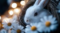 White baby bunny among blooming daisies with soft bokeh lights in background, creating magical spring atmosphere. Close up portrait shows gentle features.