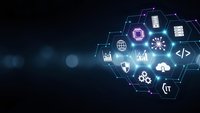 Digital technology hexagonal interface with glowing icons on dark blue background. Modern tech concept for business presentations and web design.