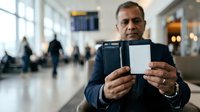 Middle-aged South Asian male professional in business casual attire holding open passport in airport terminal with blurred travelers in background. Travel documentation concept.