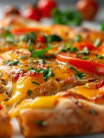 Fresh baked chicken breast topped with melted cheddar cheese, tomato slices and chopped herbs in macro close up view, selective focus on juicy meat.