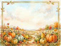 Autumn harvest scene with pumpkins and gourds in field, wooden fence, fall foliage, and decorative gold border frame. Suitable for seasonal designs and harvest celebrations.