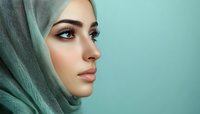 Side profile of young Middle Eastern woman wearing mint green hijab against matching background, showcasing natural makeup and striking blue eyes.