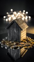 Wooden house model surrounded by golden coins with warm bokeh lights background for real estate investment and mortgage concept.