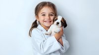 Young Caucasian girl with brown hair in white sweater holding small Saint Bernard puppy against light background, expressing joy and affection in casual lifestyle portrait.