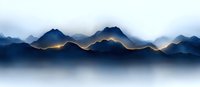 Minimalist mountain landscape with glowing golden line traversing blue peaks through morning mist, abstract nature wall art design for modern interiors.