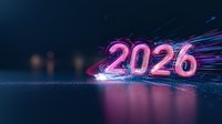 Glowing neon pink 2026 numbers with light streaks against dark blue background, creating futuristic atmosphere for business presentations and marketing materials.