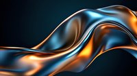 Luxurious metallic waves blend orange and blue tones creating dynamic flowing curves against dark background, abstract modern design element for creative projects.