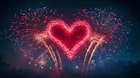 Red heart shaped fireworks display against dark night sky with sparkling pyrotechnic effects creating romantic atmosphere for Valentine's Day celebration or wedding proposal.