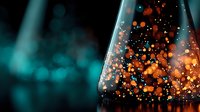 Glowing orange particles float in glass laboratory flask against dark teal background, creating magical scientific atmosphere for research concepts.