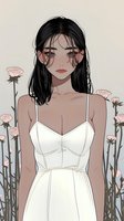 Asian woman with long dark hair in white dress surrounded by pink roses, illustrated in contemporary anime style. Romantic fashion portrait for editorial use.