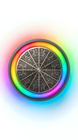 Circular mandala pattern with geometric line art center, surrounded by vibrant rainbow gradient ring and soft colorful glow on white background. Perfect for wellness, meditation, and design projects.