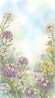 Soft watercolor garden scene with purple, white, and yellow wildflowers framing a dreamy pastel path, perfect for cards and prints.