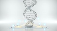 DNA double helix structure made of glass or crystal material with glowing particles and light effects on white background for science and biotechnology.