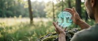 Hands protecting glowing tree symbol in forest representing environmental conservation, sustainability and nature protection concept for eco-friendly initiatives.