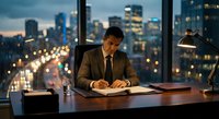 Professional businessman working late at office desk with city skyline view through windows during evening hours for corporate and business concepts.