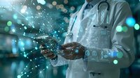 Healthcare professional using digital technology interface with network connections and data visualization for modern medical innovation.
