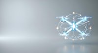 Digital network structure with glowing nodes and connecting lines forming symmetrical pattern on neutral background. Represents data connectivity, technology infrastructure, and communication systems for web design and tech concepts.