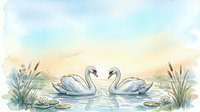 Two white swans facing each other on calm water surrounded by reeds and aquatic plants at sunrise, suitable for nature, wildlife, and romantic greeting card designs.