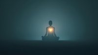 Silhouette of person meditating in lotus position with glowing light in chest area against dark blue misty background, representing spiritual awakening.