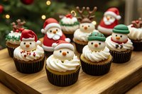 Festive Christmas cupcakes decorated with fondant Santa Claus, reindeer, and snowman toppers on chocolate base with white frosting, arranged on wooden board.