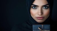 Middle Eastern woman in black hijab with dramatic makeup and blue eyes holds luxury gift box against dark background, creating elegant contrast.