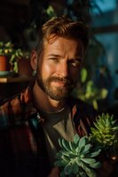 Caucasian man with beard in plaid shirt holding succulent plants in warm sunlight, surrounded by houseplants in cozy indoor garden setting.