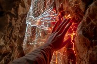 Hand reaching towards glowing ancient cave paintings with mysterious light trails, creating mystical atmosphere in dark stone cavern. For spiritual or historical designs.