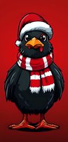 Black bird wearing Santa hat and striped winter scarf on red background, cartoon style mascot character with expressive eyes and orange beak. Isolated design for holiday themes.