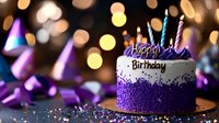 Festive birthday cake decorated with purple sprinkles and lit candles on dark background with bokeh lights and party hats, creating magical celebration atmosphere.