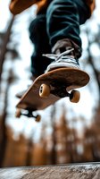 Close-up action shot of skateboard and sneaker mid-jump, capturing dynamic movement against blurred autumn forest background, dramatic low angle perspective.