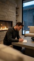 Focused man writing in notebook at wooden table by fireplace in cozy modern living room during winter evening with snow falling outside window.