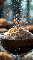 Cooked white rice with orange lentils falling into wooden bowl creating dynamic splash effect for culinary and cooking content.