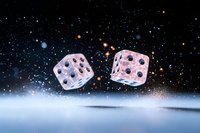 Translucent dice floating in cosmic space with glowing stars and particles, dramatic lighting creates mystical atmosphere against dark background. Concept of chance and destiny.