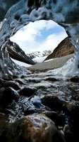 View through ice cave opening showing snowy mountain landscape and flowing stream, dramatic perspective from inside glacier cave with rocky riverbed foreground.