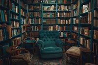 Cozy vintage reading nook in private library with emerald tufted armchair surrounded by wooden bookshelves filled with antique books, perfect for interior design and home decor inspiration.