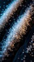 Macro close-up of sparkling crystalline particles and glitter scattered across dark blue and bronze textured surface with bokeh lighting effects.