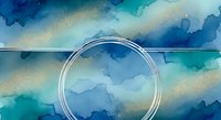 Watercolor abstract background with circular frame in shades of blue, teal, and gold. Ideal for design projects, presentations, and creative layouts.