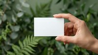 Hand holding blank white business card mockup against green tropical plant background for branding and corporate identity design projects.