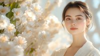 Young Asian woman with natural makeup and updo hairstyle in white dress against blooming spring cherry blossoms background in soft warm sunlight.