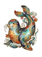 Ornate seal with decorative swirls, flowers and bird elements in vibrant colors. Isolated artwork suitable for t-shirt design, clipart and creative projects.