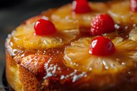 Golden pineapple upside-down cake with glazed fruit rings and maraschino cherries on dark background for dessert menus and baking blogs.