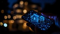 Glowing digital house icons on smartphone screen with bokeh background, representing real estate technology and smart home concept in dark environment.