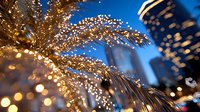 Glowing palm tree decorated with sparkling fairy lights against modern city skyline at dusk creates magical holiday atmosphere. Festive urban nightscape.