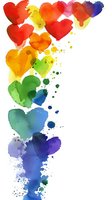 Vibrant rainbow watercolor hearts with splatter effects on white background, perfect for love themes, celebrations, and greeting cards.