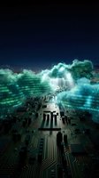 Circuit board with glowing green binary code clouds rising above, representing cloud computing, data storage, and digital technology infrastructure for business and IT solutions.
