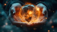 Glowing orange digital earth sphere floating between hands against dark background with magical light particles and network connections. Suitable for technology concepts.