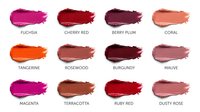 Lipstick color palette swatches showing twelve trendy shades from fuchsia to dusty rose with names labeled below each cosmetic sample stroke.