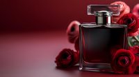 Luxury perfume bottle with red roses on burgundy background for romantic fragrance advertising and beauty product marketing campaigns.